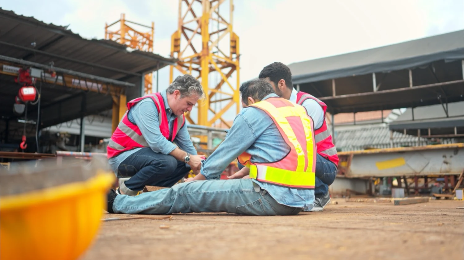 Injured construction worker on the floor, construction accident investigation